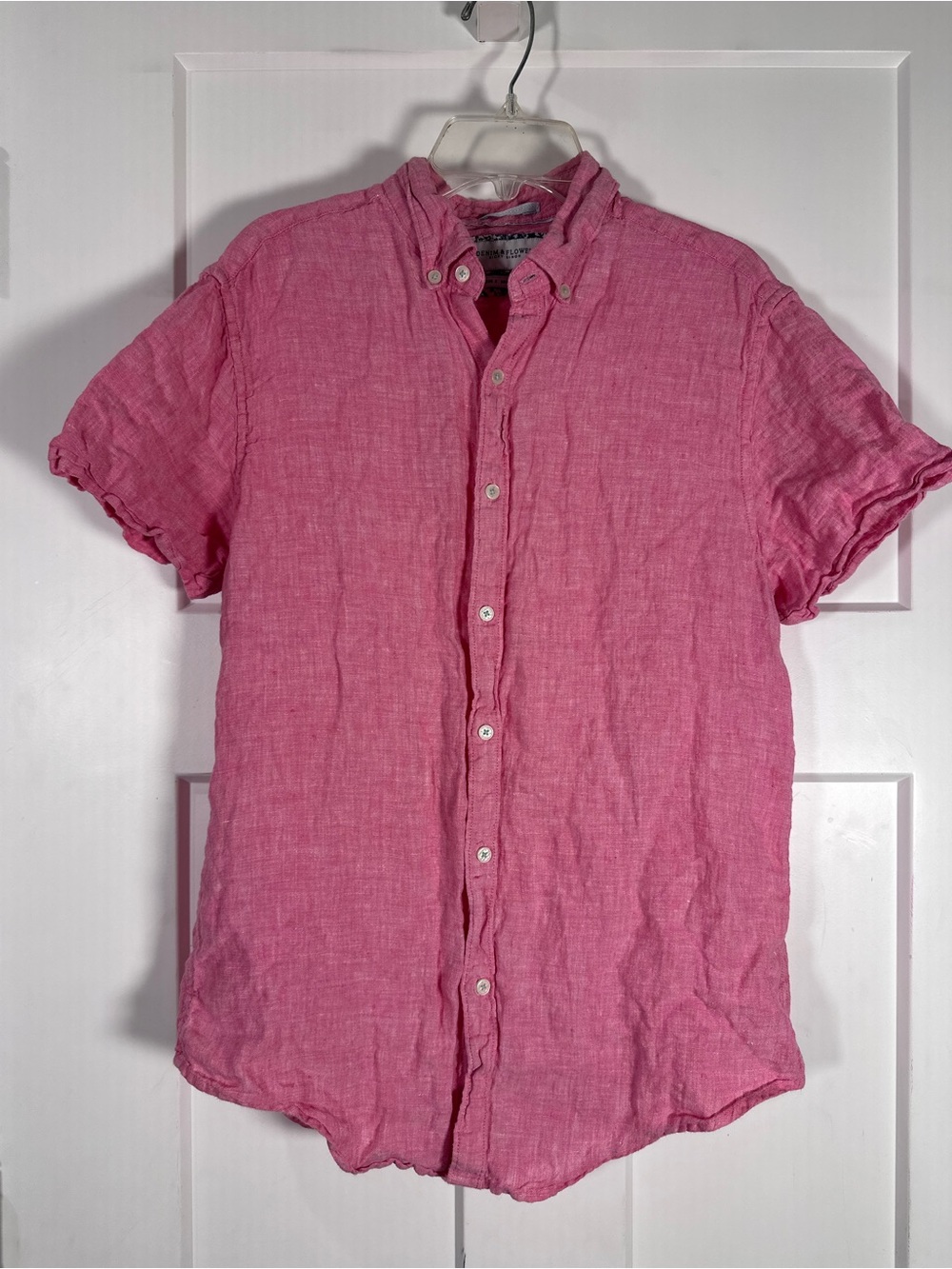 Denim & Flower Short-Sleeve Button-Down Shirt in Pink 100% Linen Summer Beach